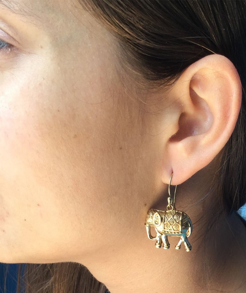 A pair of stylish elephant earrings made from brass and silver, featuring intricate detailing and an adjustable design, perfect for sensitive skin.