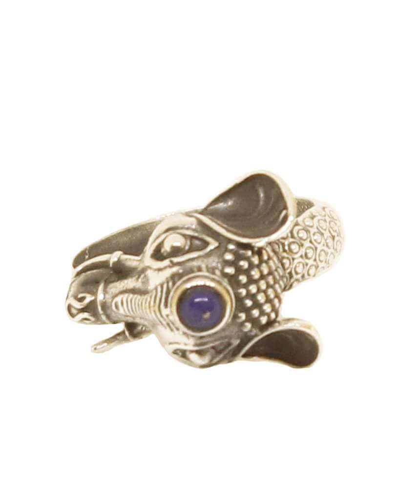 A beautifully crafted elephant ring featuring a semi precious stone, available in gold and silver finishes, showcasing intricate details.