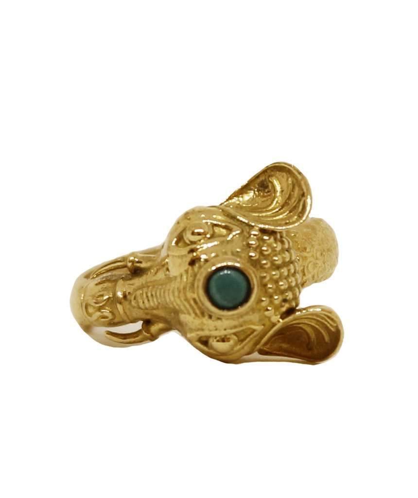 A beautifully crafted elephant ring featuring a semi precious stone, available in gold and silver finishes, showcasing intricate details.