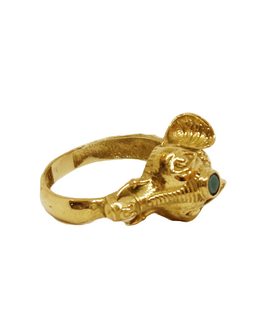 A beautifully crafted elephant ring featuring a semi precious stone, available in gold and silver finishes, showcasing intricate details.