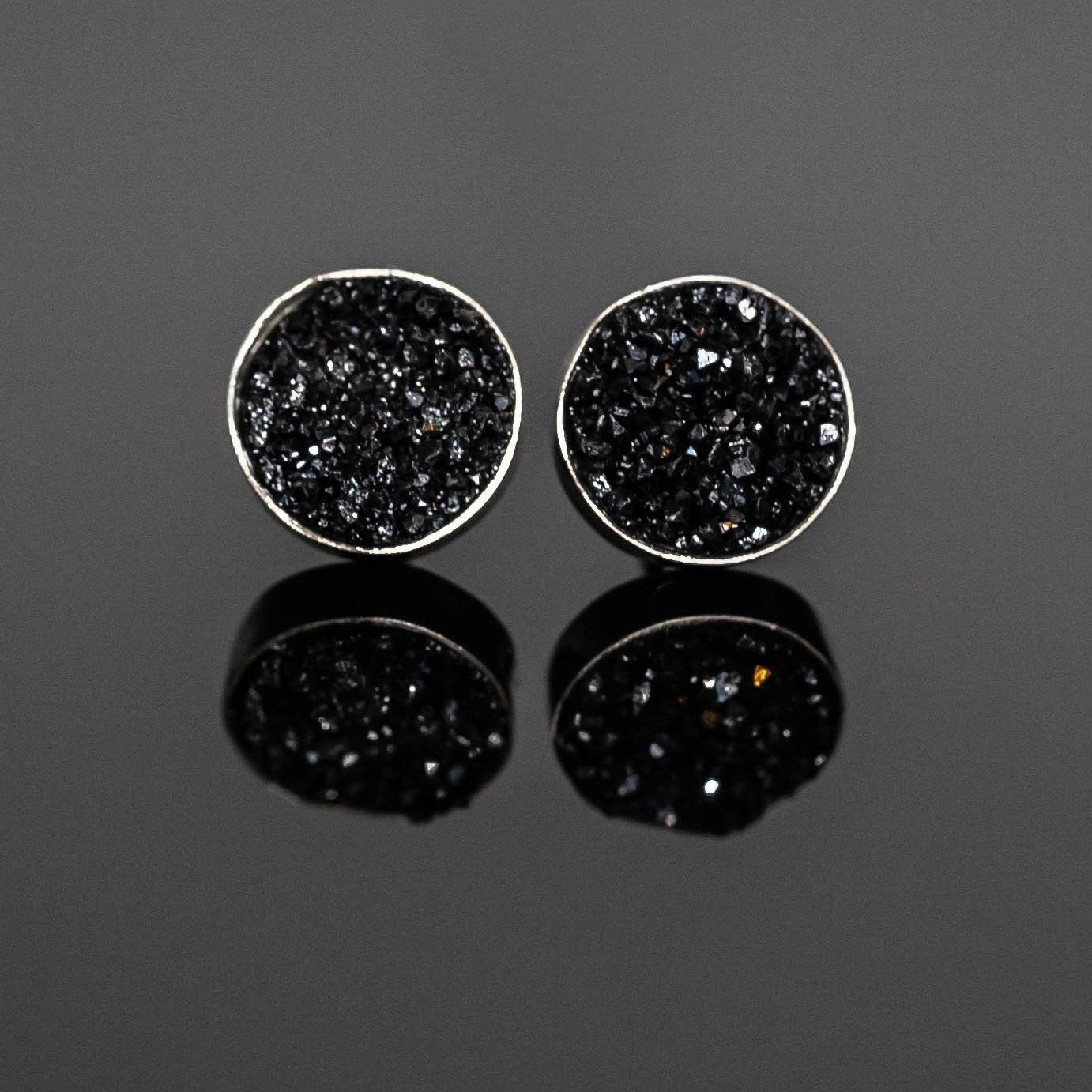 Eliana Druzy Round Studs featuring dark silver rocky druzy stones set in 925 sterling silver, showcasing their unique texture and shine.