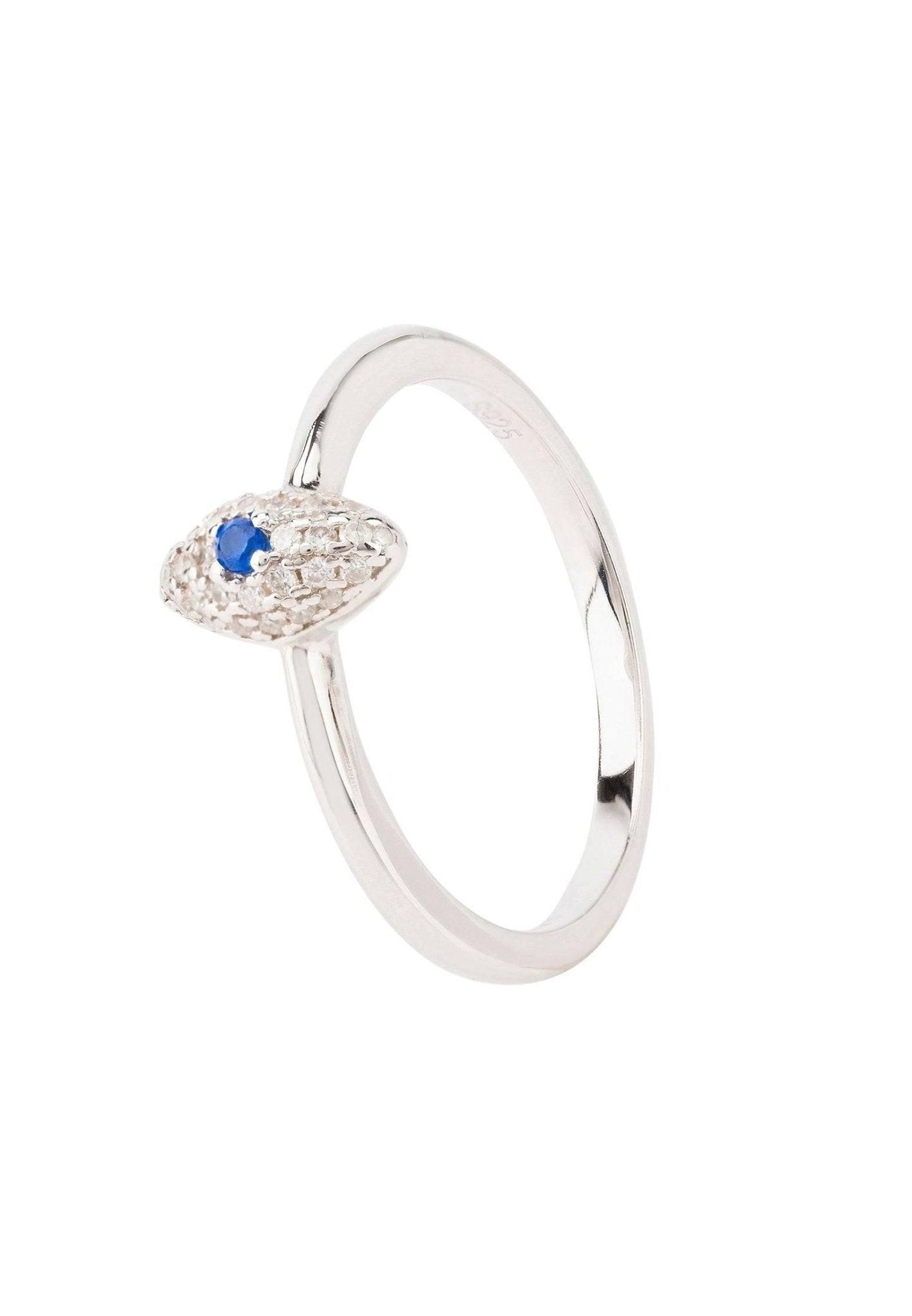 Elliptical Eye Band Ring in Silver featuring a delicate evil eye motif with white and blue zirconia, perfect for everyday wear.