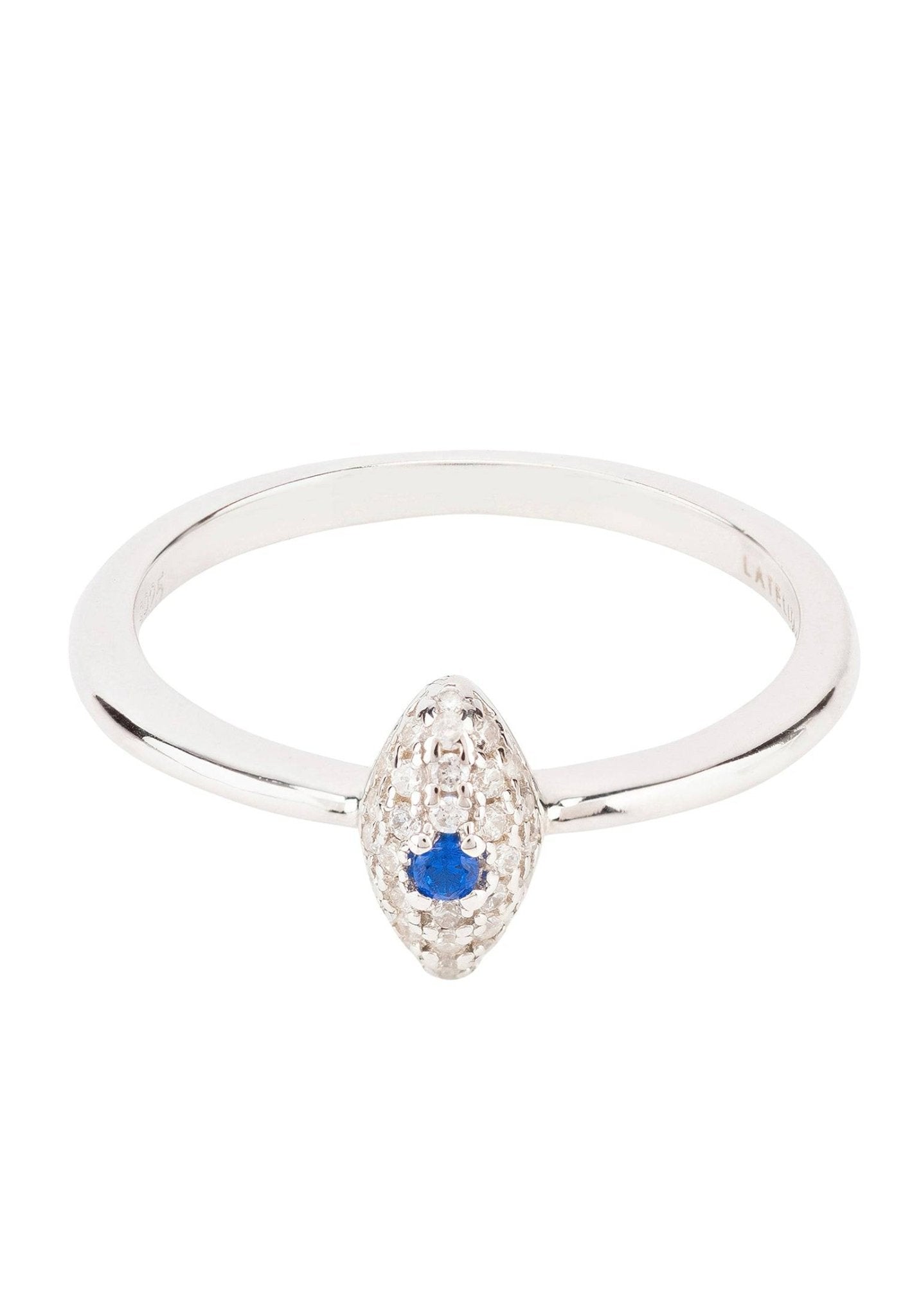 Elliptical Eye Band Ring in Silver featuring a delicate evil eye motif with white and blue zirconia, perfect for everyday wear.