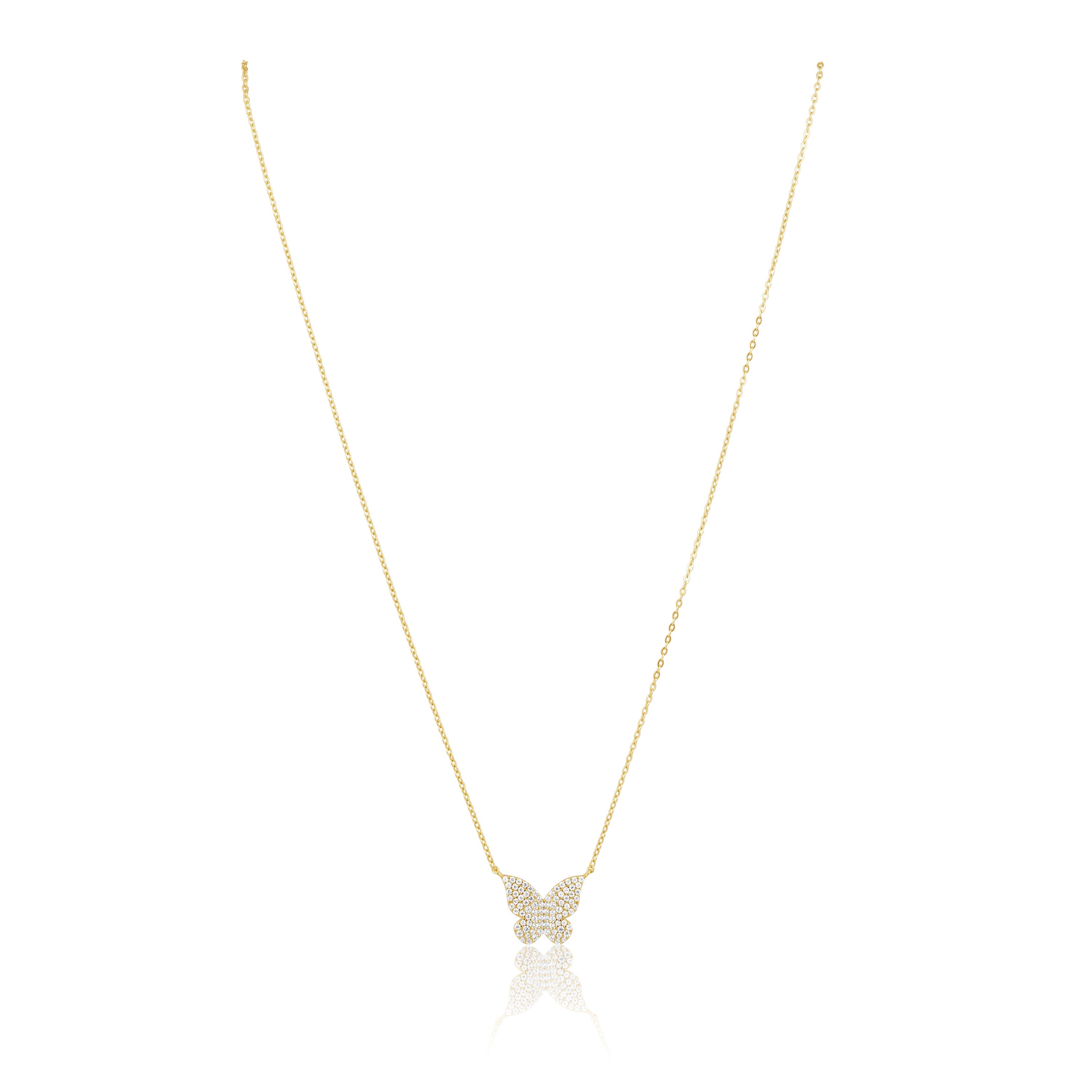 Elsie Pave Butterfly Necklace featuring a delicate butterfly pendant adorned with sparkling CZ stones and 14k gold plating.