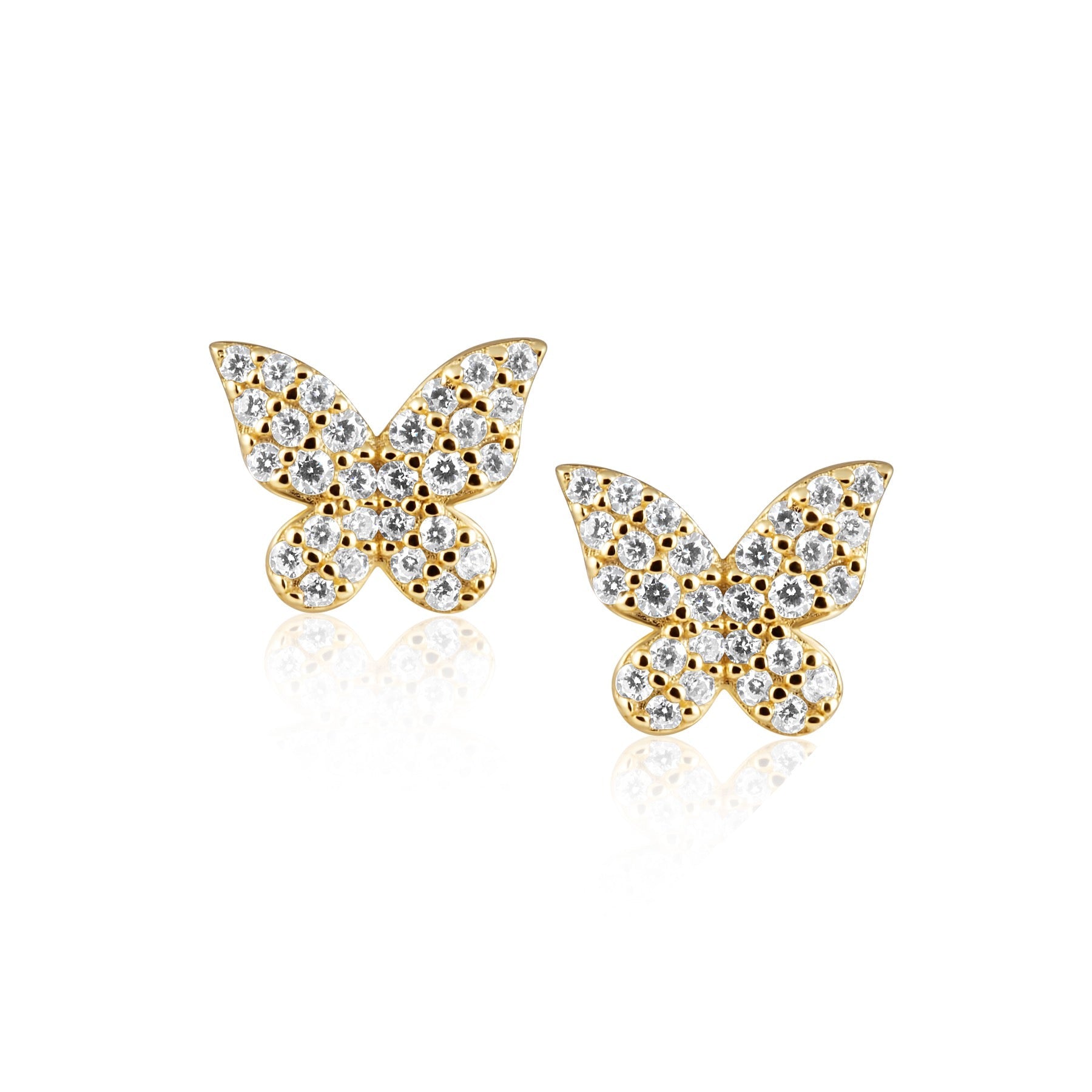 Elsie Pave Butterfly Studs featuring cz stones and 14k gold plating, showcasing a delicate butterfly design.