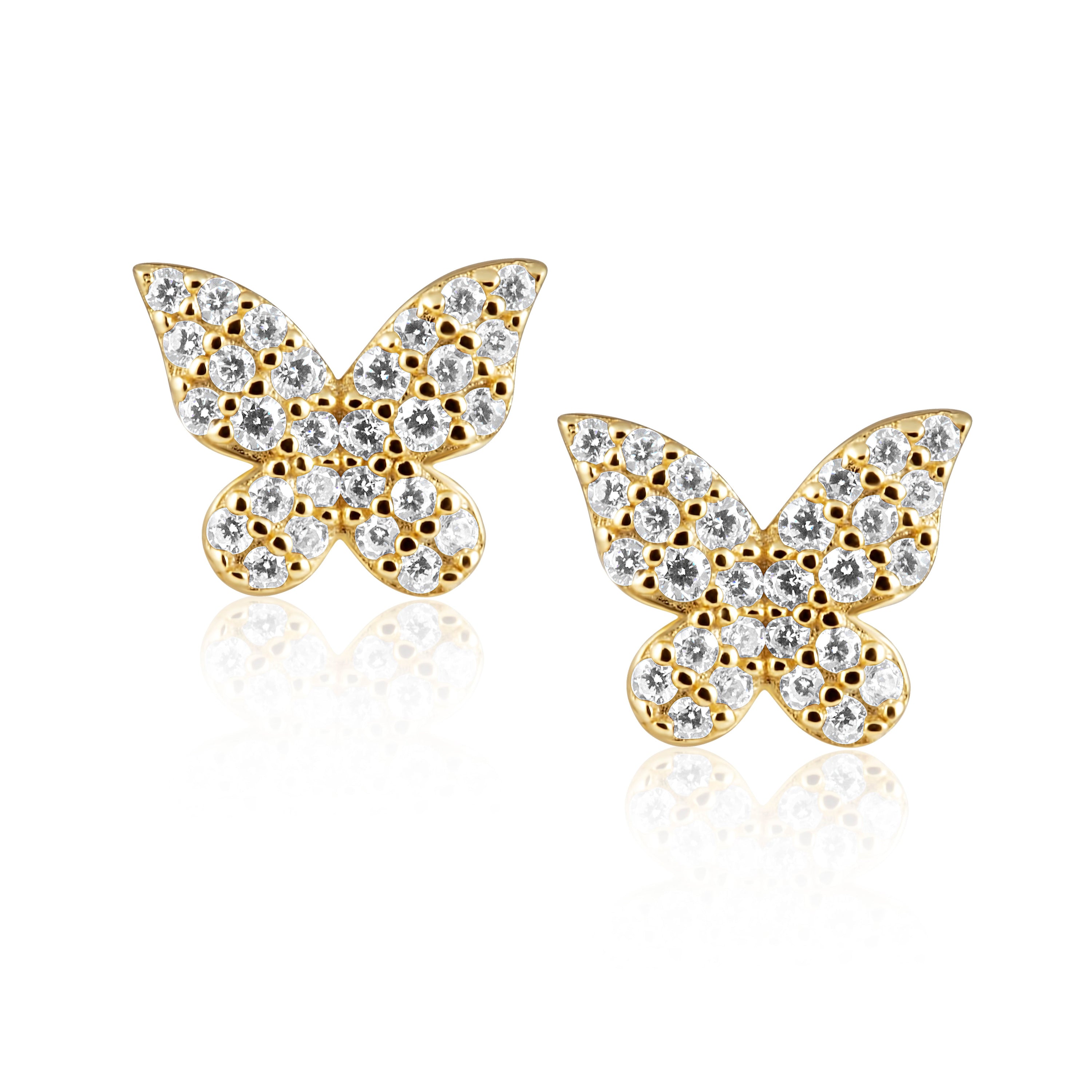 Elsie Pave Butterfly Studs featuring cz stones and 14k gold plating, showcasing a delicate butterfly design.