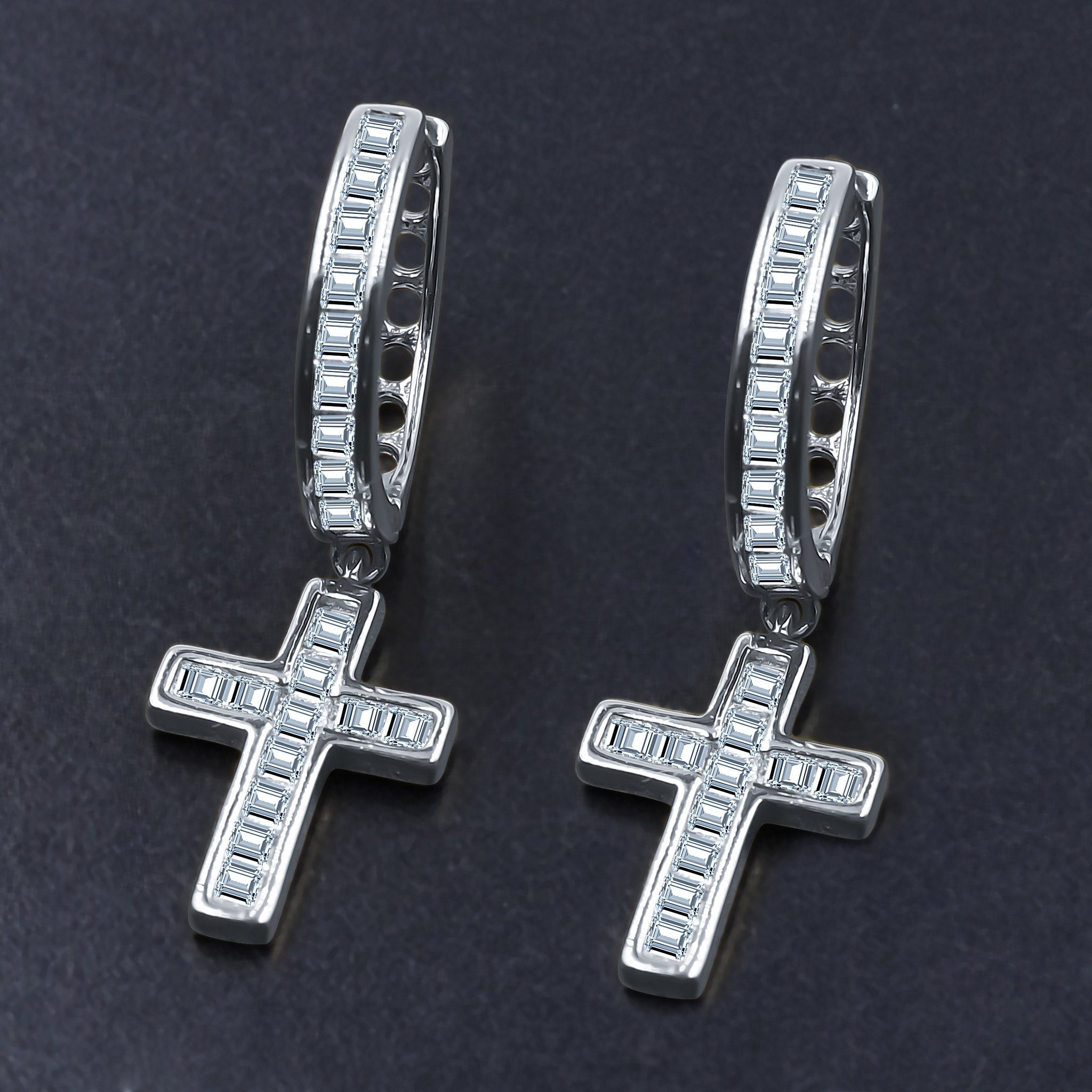 A pair of EMBLEM Silver Earrings featuring a scintillating cross design, crafted from 925 sterling silver and embellished with cubic zircon stones.