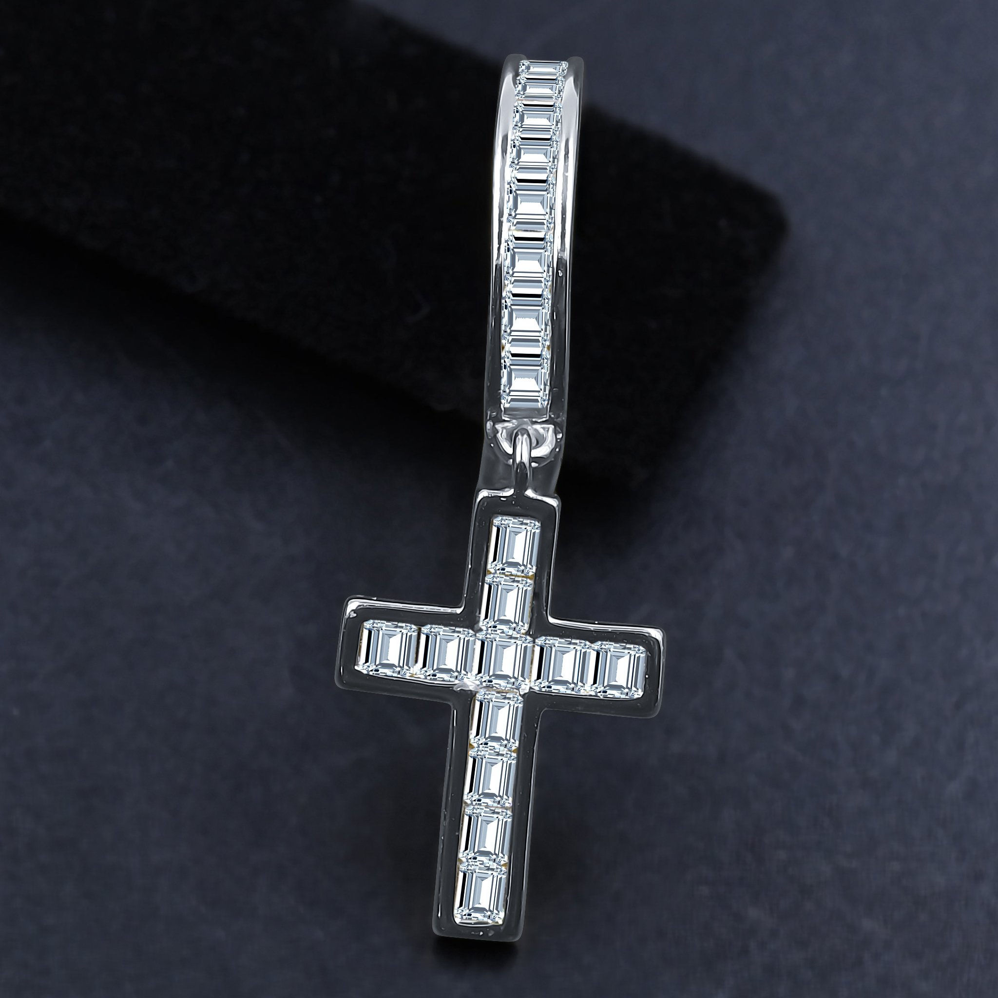 A pair of EMBLEM Silver Earrings featuring a scintillating cross design, crafted from 925 sterling silver and embellished with cubic zircon stones.