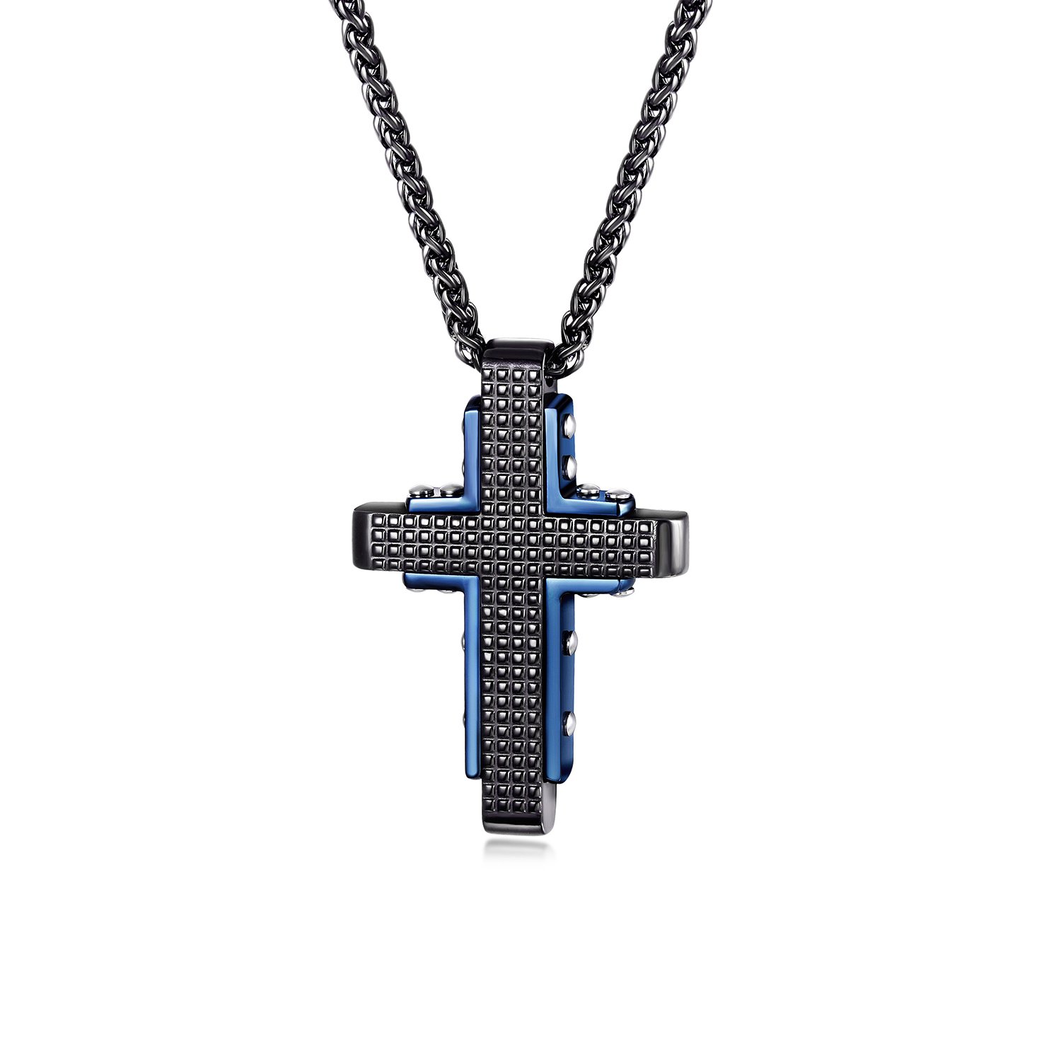 Embossed Dot Matrix Cross Pendant Necklace made of stainless steel with gold plating, showcasing a unique design.