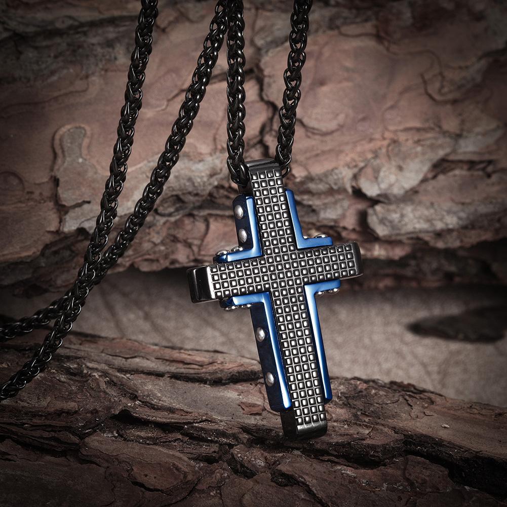 Embossed Dot Matrix Cross Pendant Necklace made of stainless steel with gold plating, showcasing a unique design.