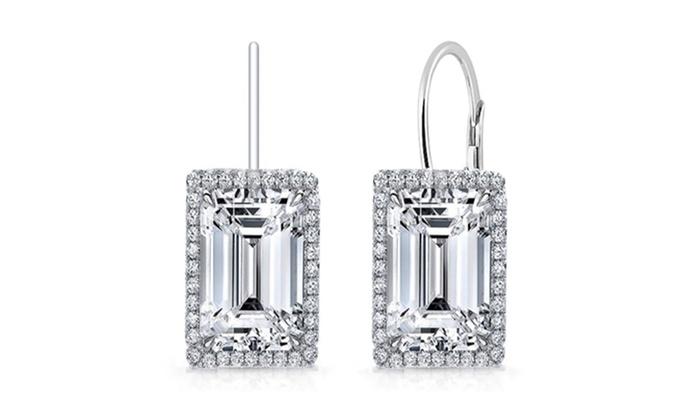 Emerald Cut 2.50 Cttw Gemstone Leverback Earrings in 14K White Gold Plating, showcasing elegant design and brilliant white stones.