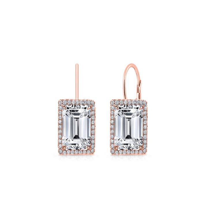 Elegant Emerald Cut Leverback Earrings in 14K Rose Gold Plating, featuring white stones and a comfortable design.