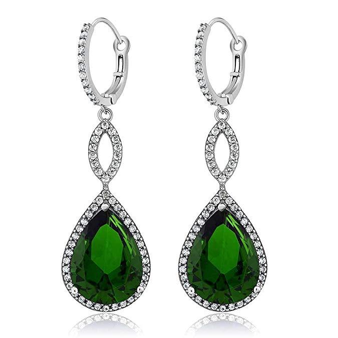 Emerald Pave Teardrop Infinity Drop earrings embellished with certified crystals, crafted in 18K white gold, showcasing elegance and sophistication.