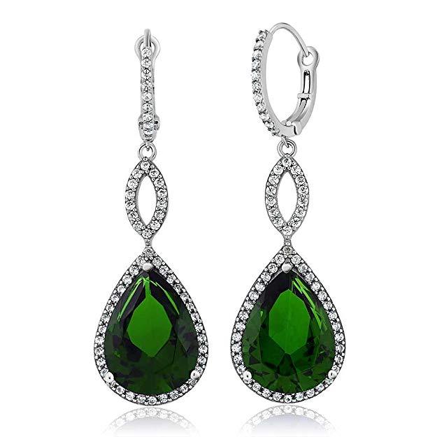 Emerald Pave Teardrop Infinity Drop earrings embellished with certified crystals, crafted in 18K white gold, showcasing elegance and sophistication.