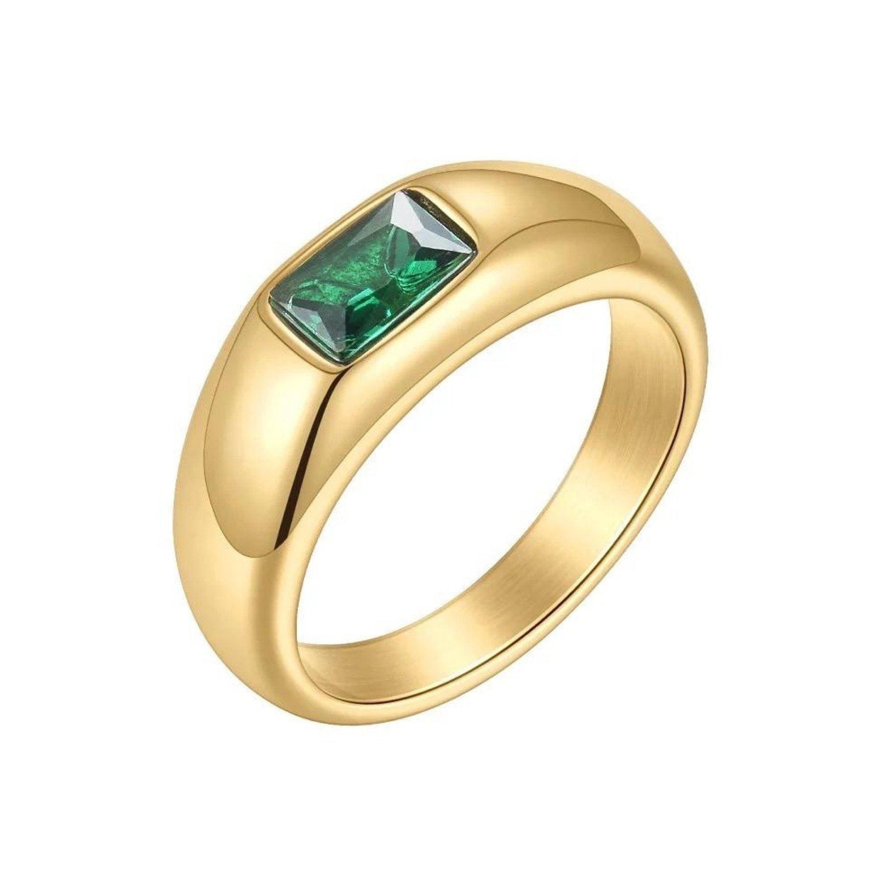 Emerald Statement Ring featuring green cubic zirconia set in stainless steel with 18k gold plating, showcasing a luxurious and elegant design.