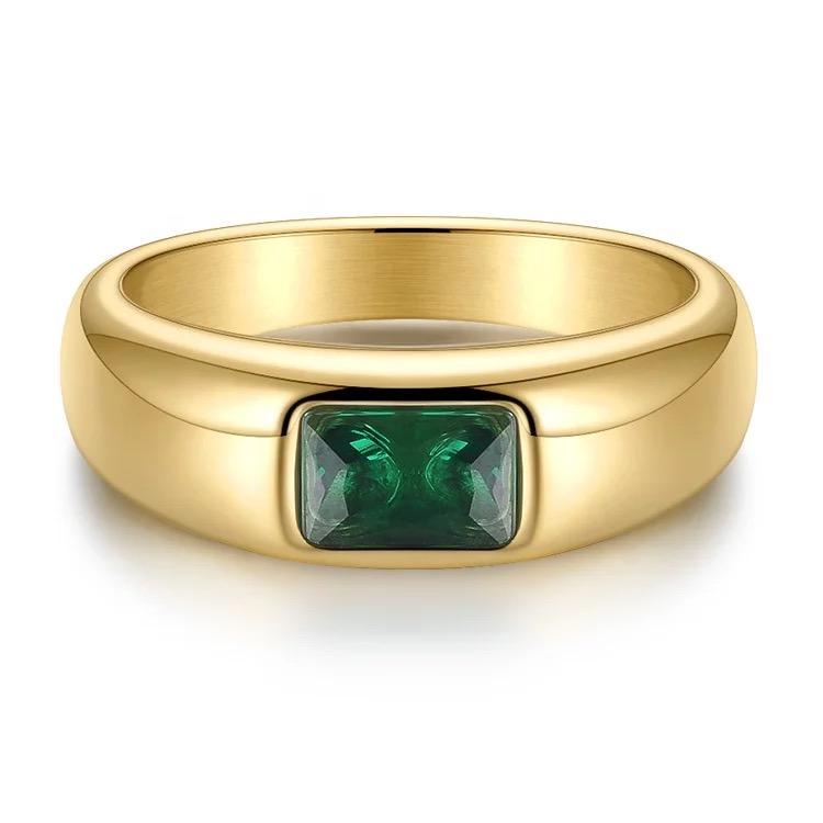 Emerald Statement Ring featuring green cubic zirconia set in stainless steel with 18k gold plating, showcasing a luxurious and elegant design.