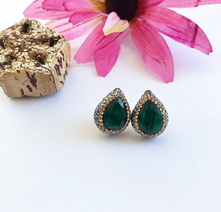 Elegant EMERALD Studs featuring a central emerald surrounded by cubic zirconias in a double halo design, crafted from sterling silver and gold plated.