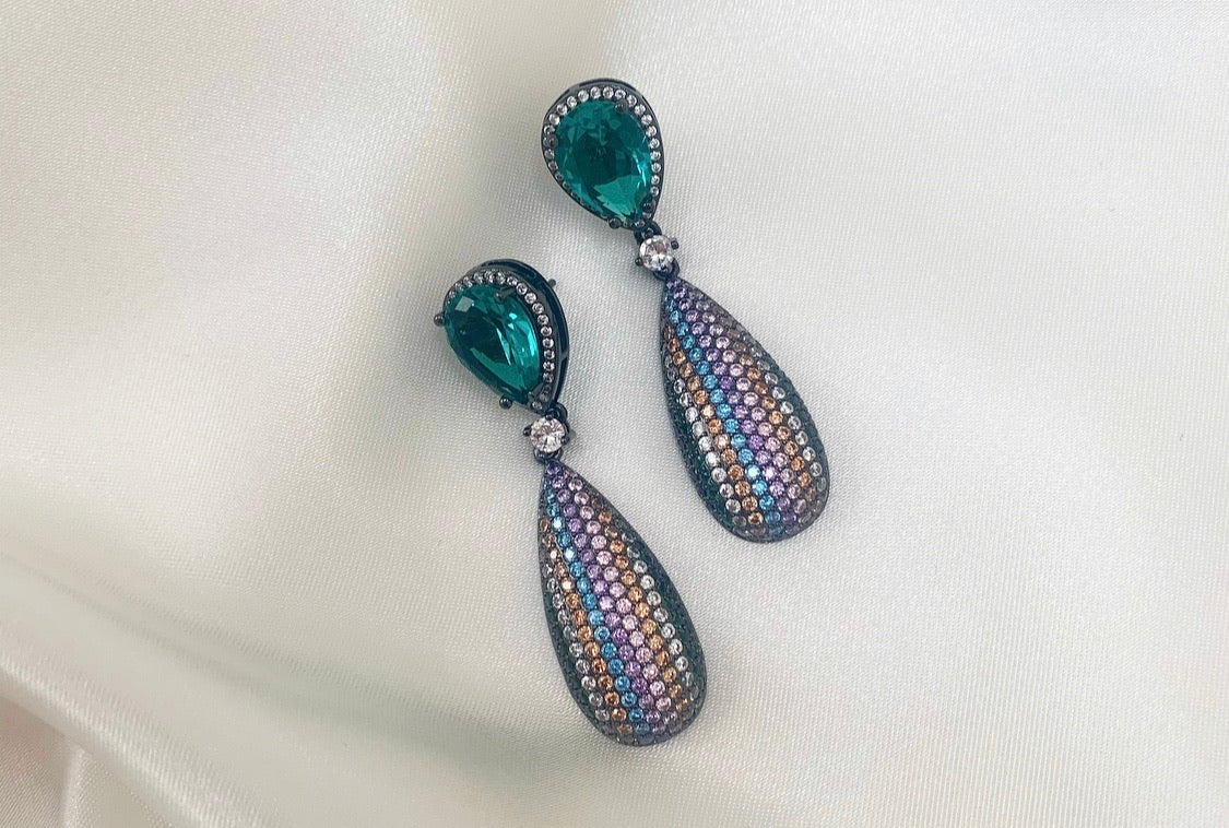 Elegant EMERY Earrings featuring pear-shaped stones and colorful mini stones in a rich black finish, crafted from 925 Sterling Silver with rose gold plating.