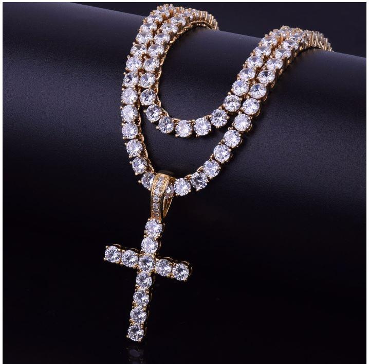 EMPEROR 3MM Tennis CZ Cross pendant with sparkling cubic zirconia stones, crafted from brass metal, showcasing elegance and style.