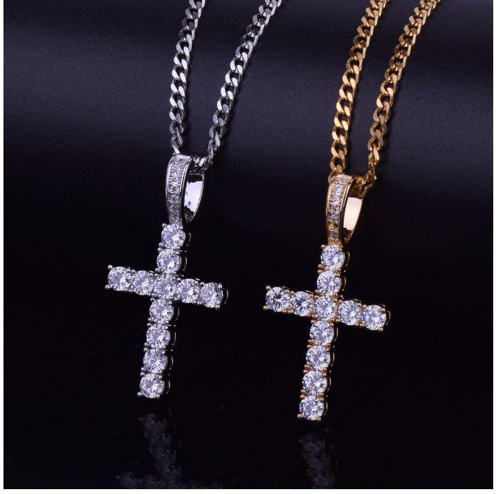 EMPEROR 3MM Tennis CZ Cross pendant with sparkling cubic zirconia stones, crafted from brass metal, showcasing elegance and style.