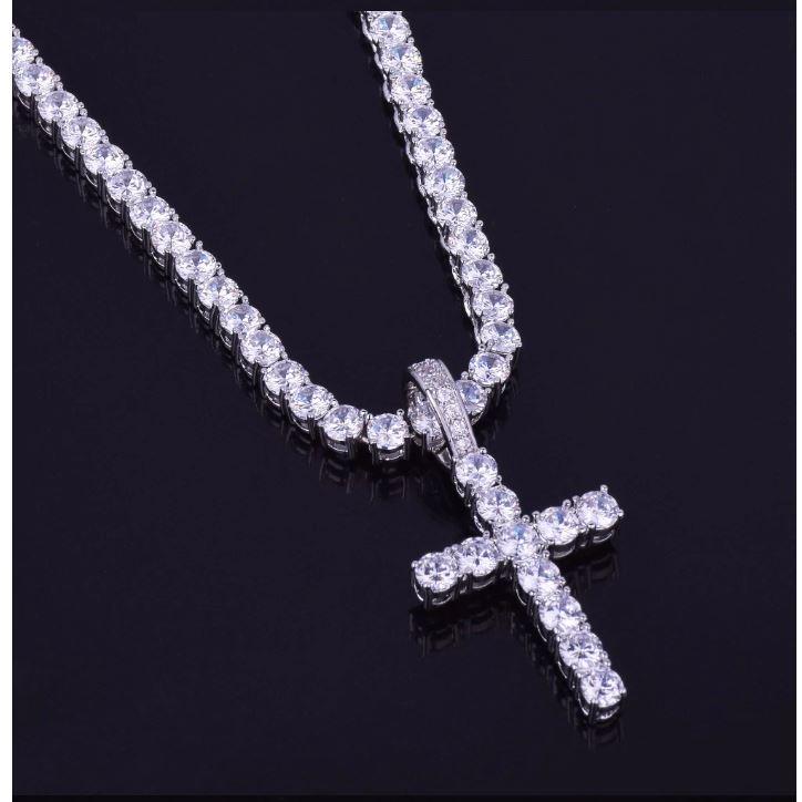 EMPEROR 3MM Tennis CZ Cross pendant with sparkling cubic zirconia stones, crafted from brass metal, showcasing elegance and style.