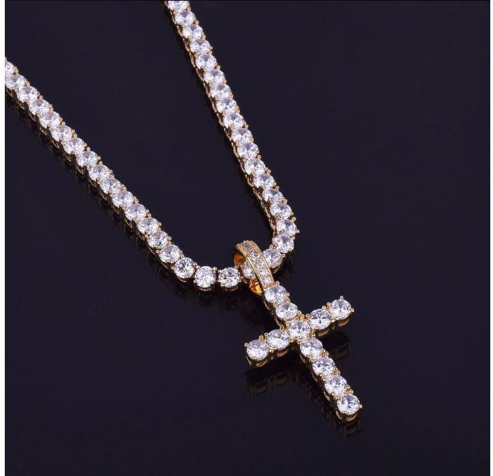 EMPEROR 3MM Tennis CZ Cross pendant with sparkling cubic zirconia stones, crafted from brass metal, showcasing elegance and style.