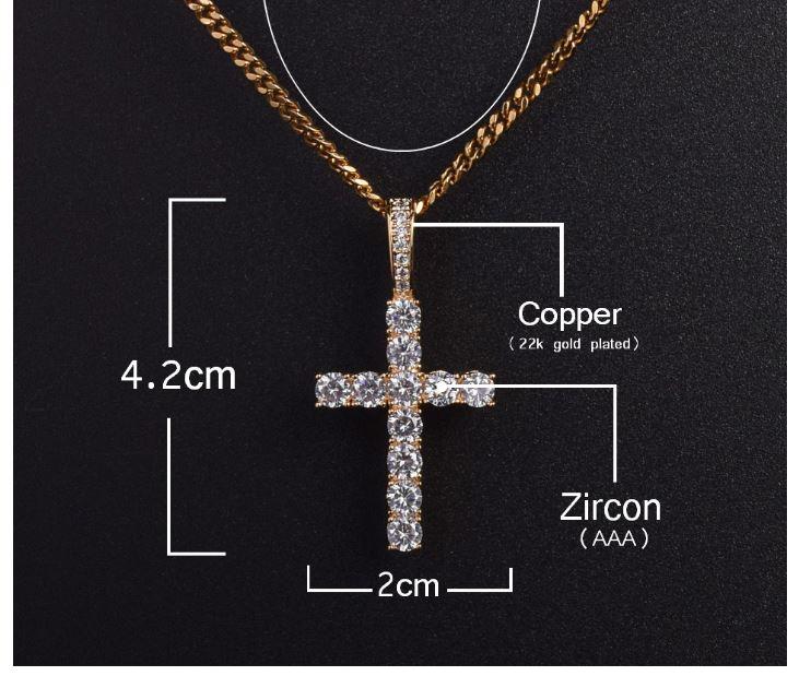 EMPEROR 3MM Tennis CZ Cross pendant with sparkling cubic zirconia stones, crafted from brass metal, showcasing elegance and style.