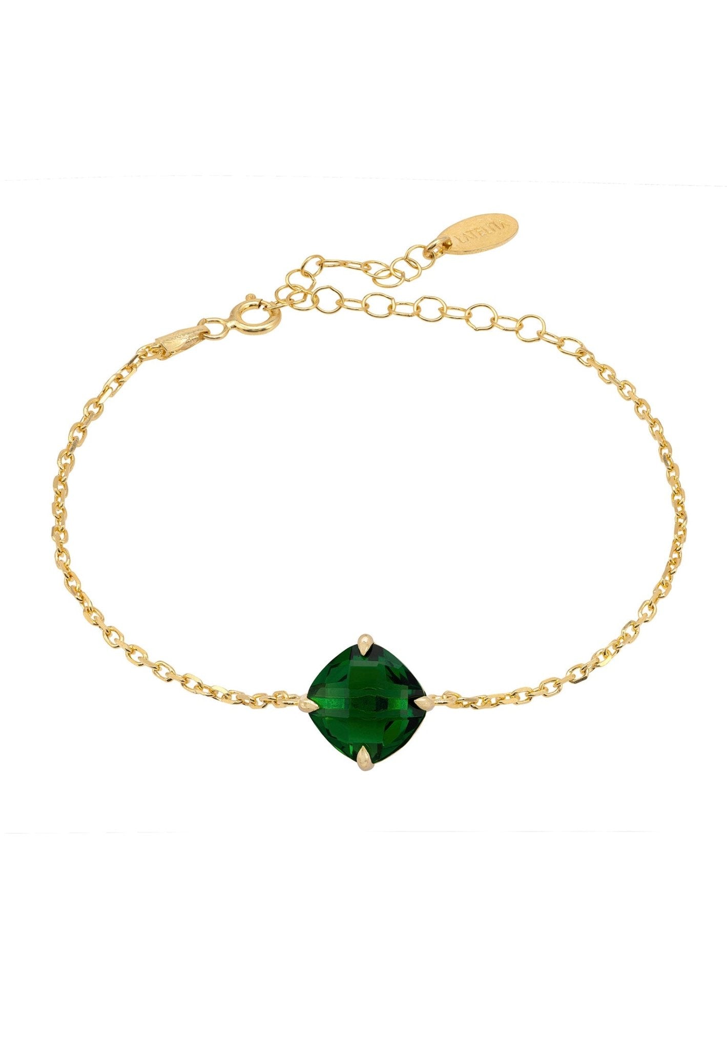 Empress Emerald Gemstone Bracelet featuring a vibrant emerald set in gold-dipped sterling silver, elegantly displayed in a gift box.