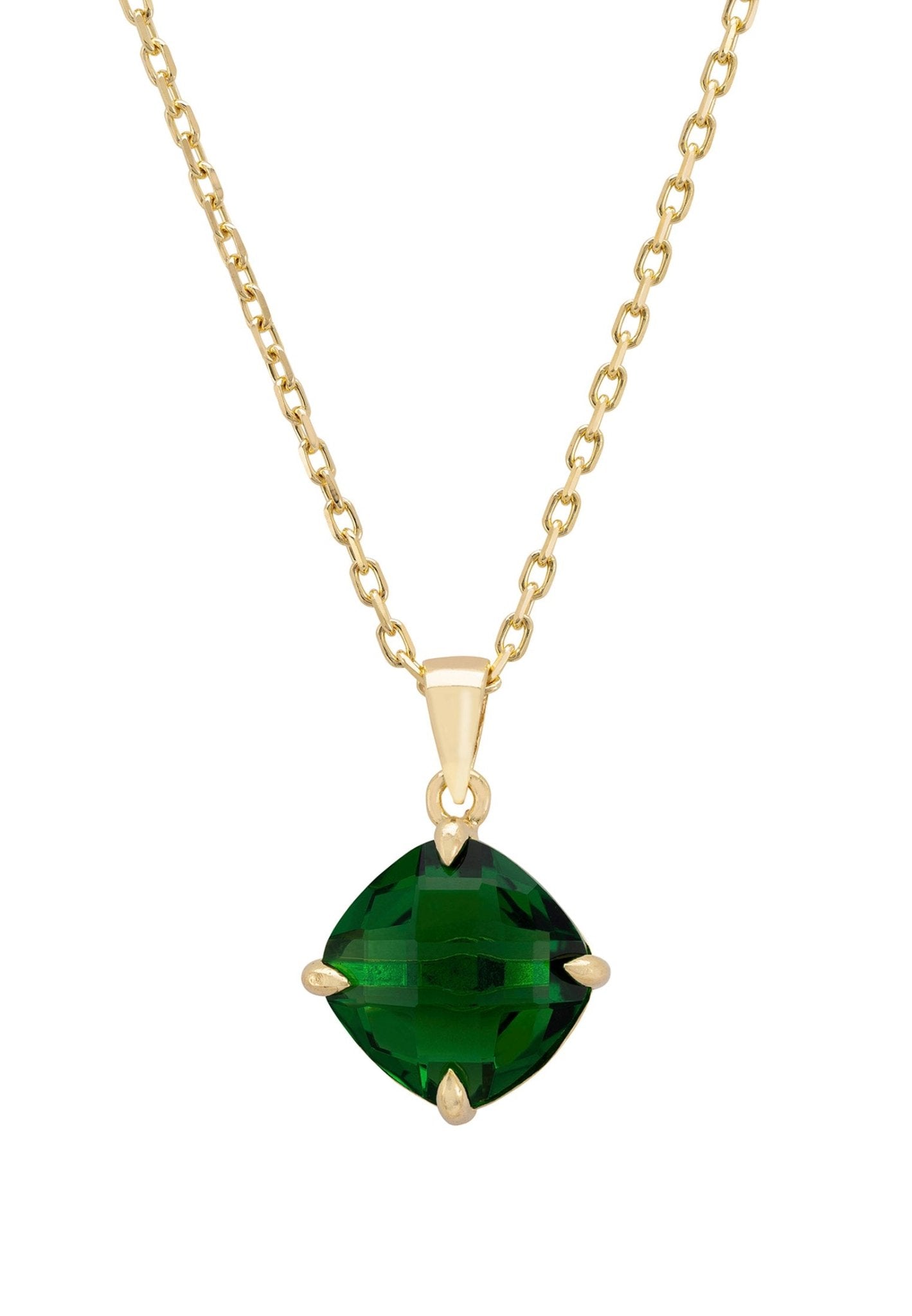 Empress Gemstone Necklace featuring a gold-dipped chain and a vibrant emerald gemstone, elegantly designed for any occasion.