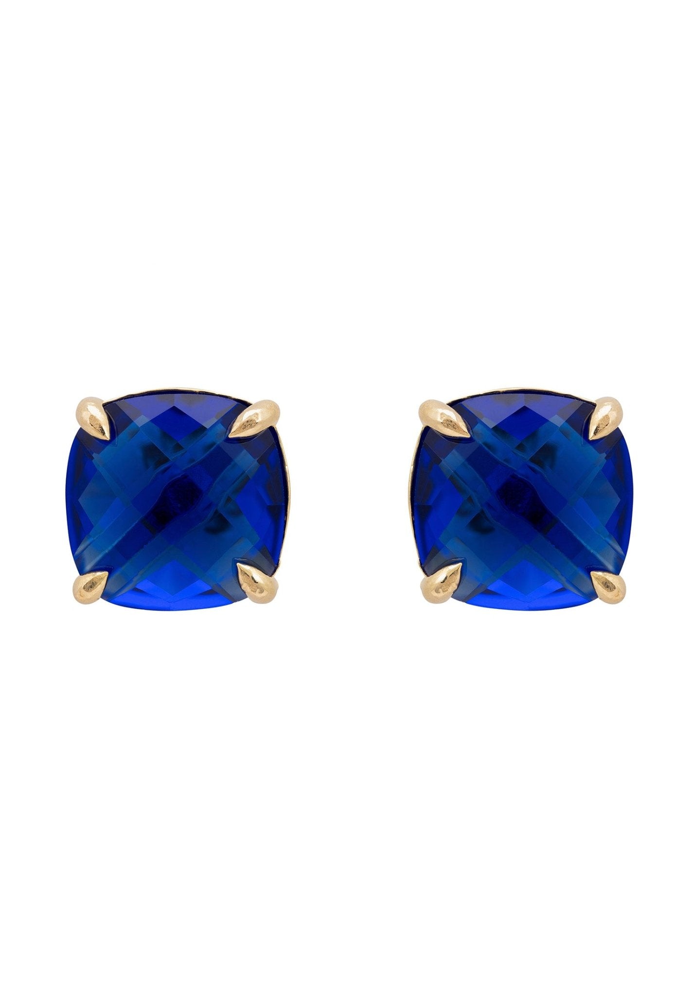 Elegant Empress Gemstone Stud Earrings featuring cushion cut sapphire set in 22ct gold plated recycled sterling silver.