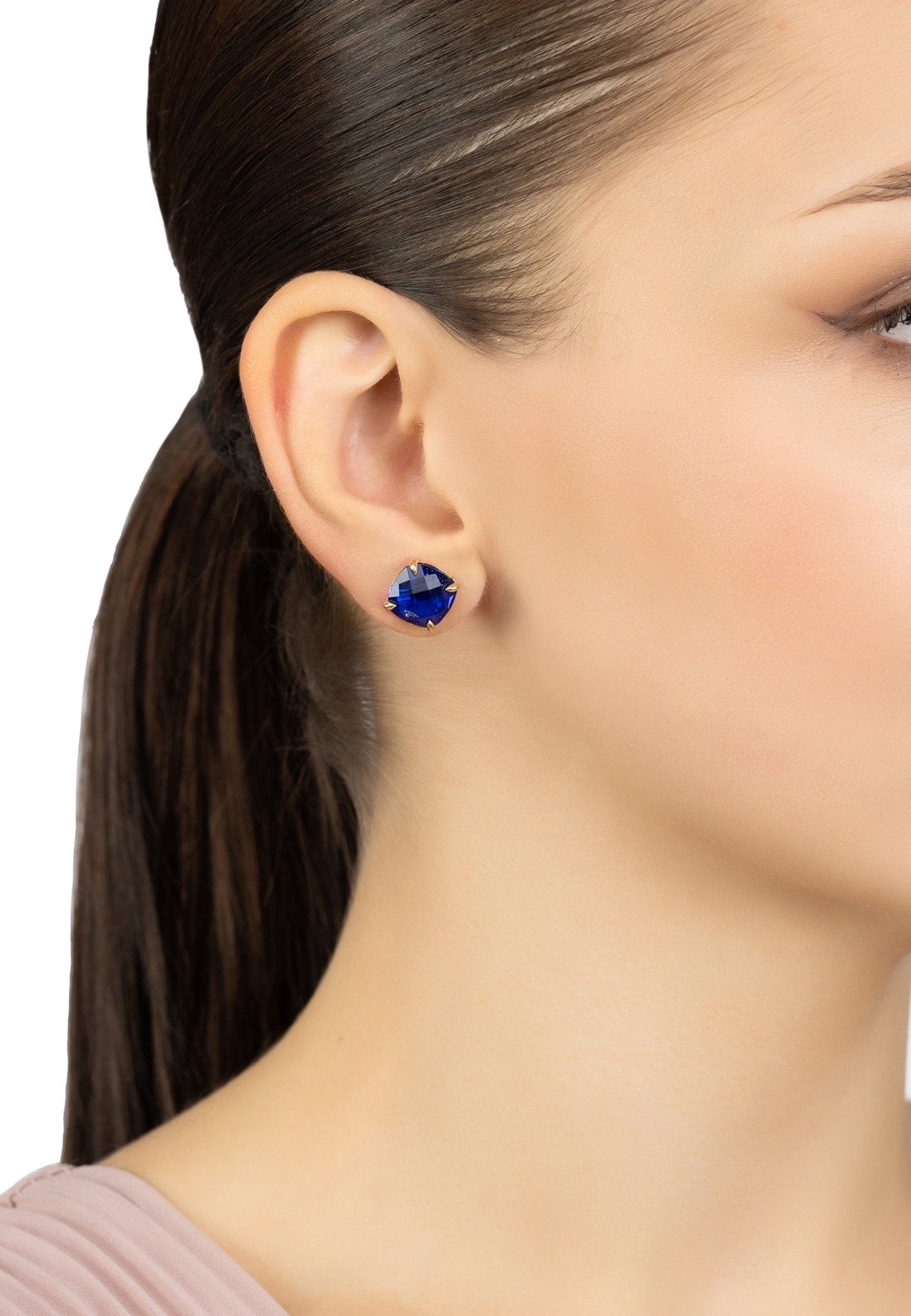 Elegant Empress Gemstone Stud Earrings featuring cushion cut sapphire set in 22ct gold plated recycled sterling silver.