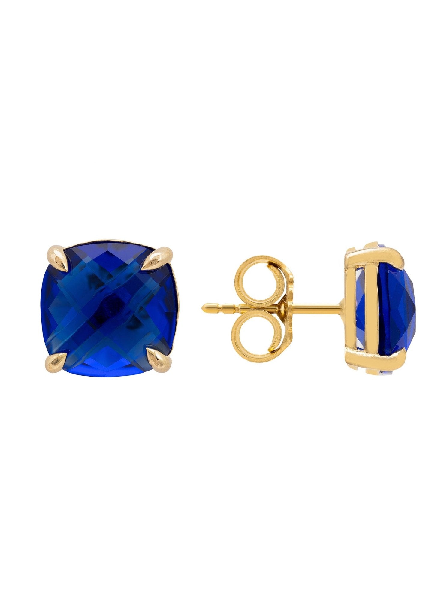 Elegant Empress Gemstone Stud Earrings featuring cushion cut sapphire set in 22ct gold plated recycled sterling silver.