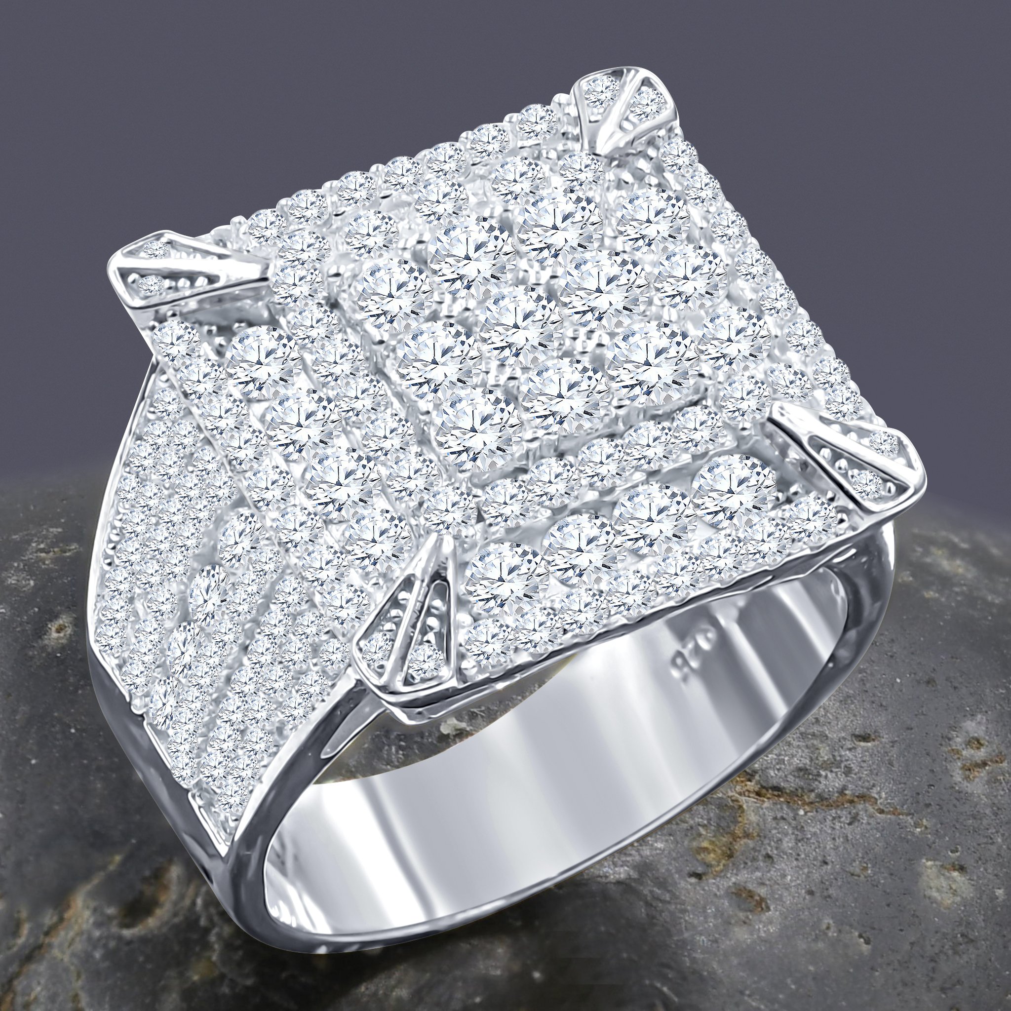 EMPYREAN Silver Ring featuring cubic zirconia stones in a square motif, crafted from 925 sterling silver.