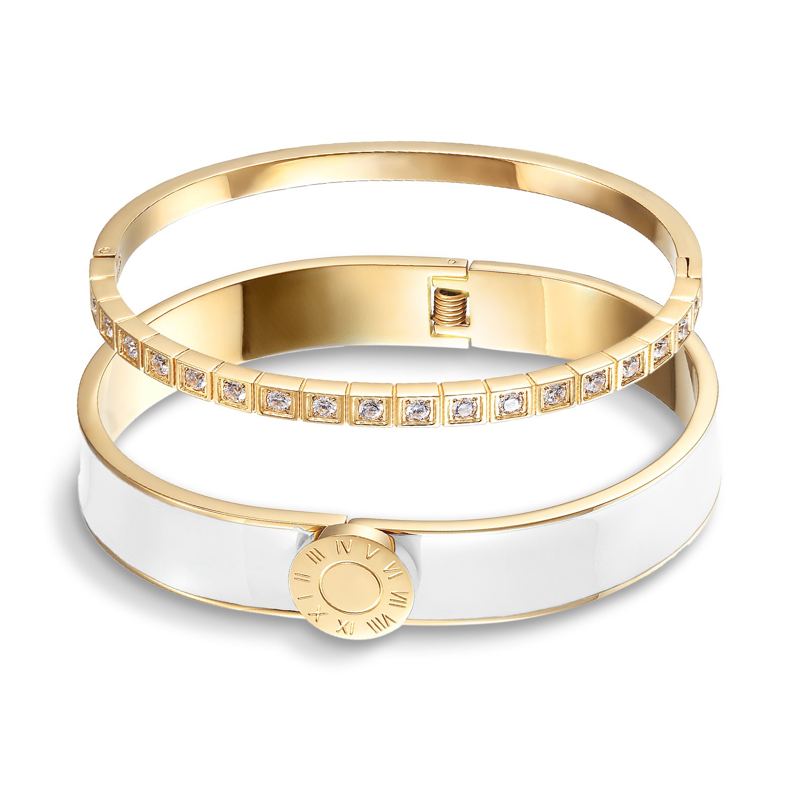 A stylish Enamel Pavé Bangle Set featuring CZ stones and Roman numerals, elegantly displayed in a gift box.