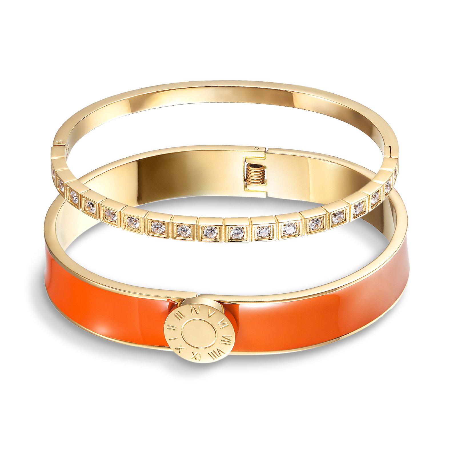 A stylish Enamel Pavé Bangle Set featuring CZ stones and Roman numerals, elegantly displayed in a gift box.