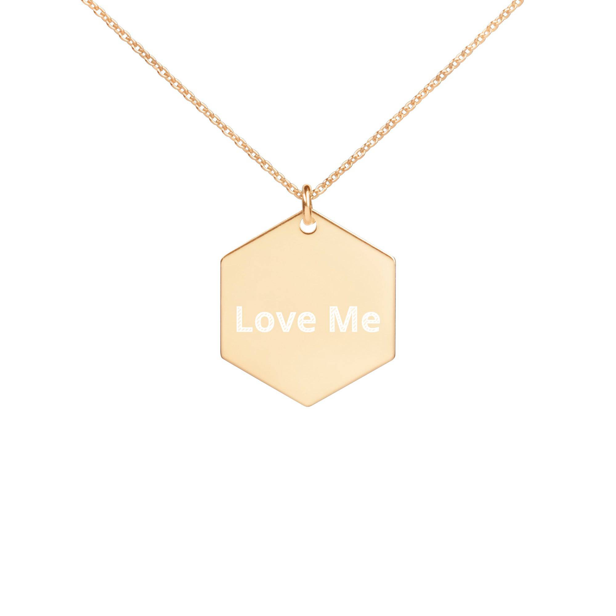 Engraved Silver Hexagon Necklace featuring a sterling silver pendant and chain, elegantly displayed in eco-friendly packaging.