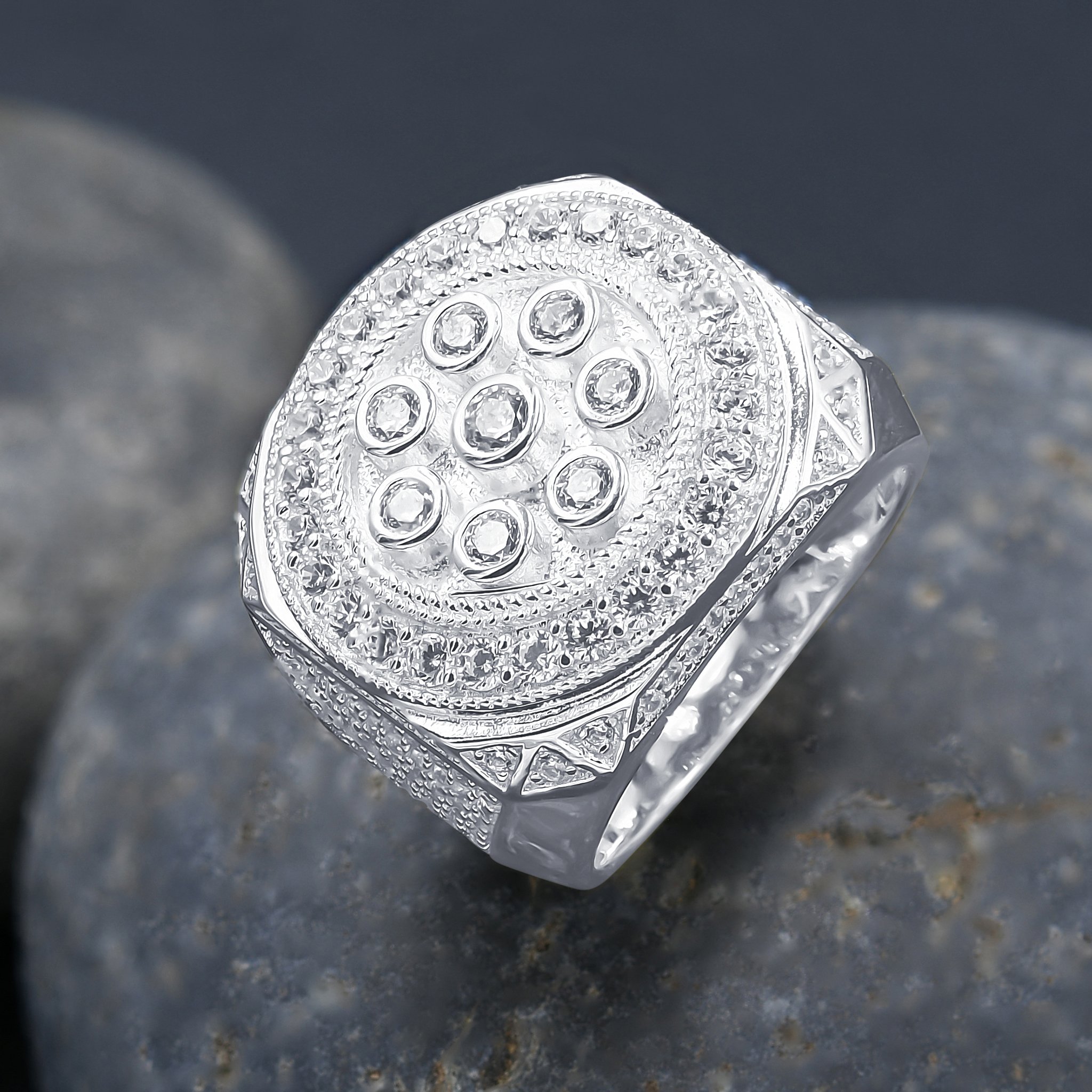 A stunning ENORMOUS 925 Silver Ring featuring micro-pave cubic zircon stones, elegantly designed for a luxurious look.