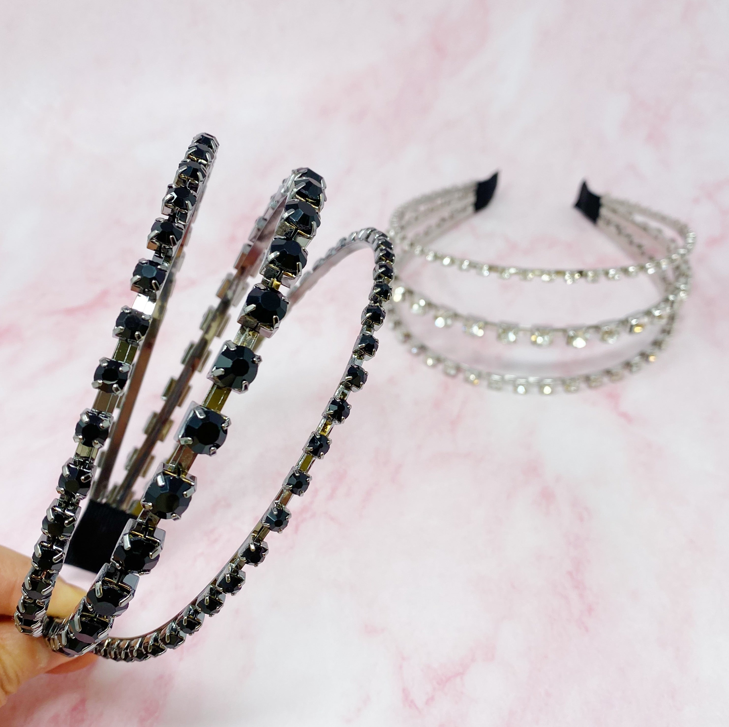 Ensemble Of Shine Headband featuring three embellished rows and soft edges for comfort.