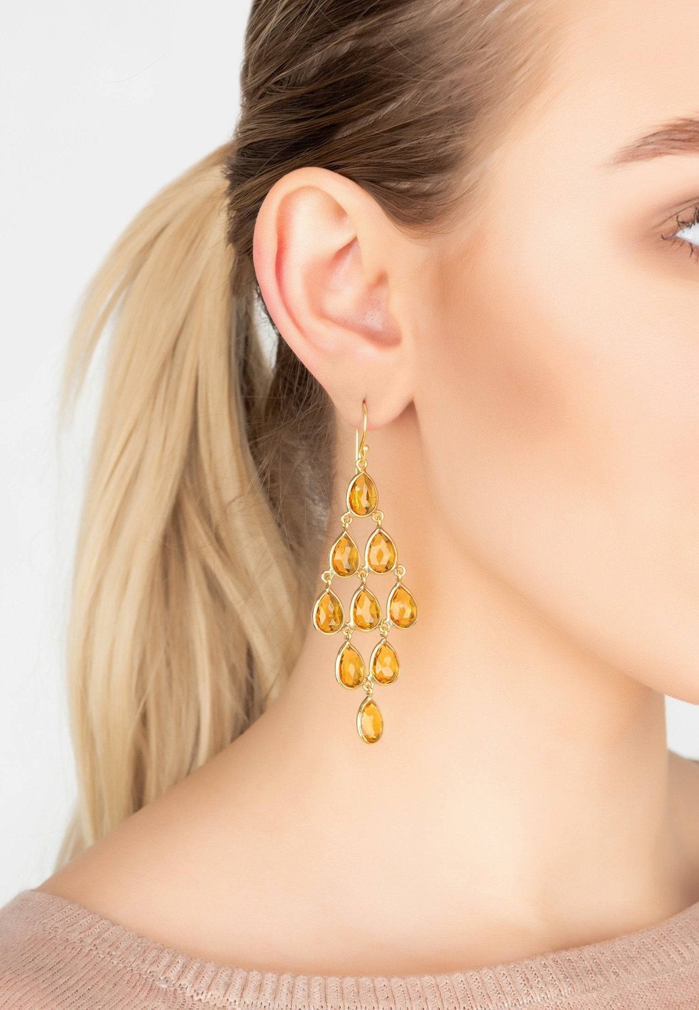 Erviola Gemstone Cascade Earrings featuring gold citrine teardrop gems, elegantly hanging from a polished french hook.