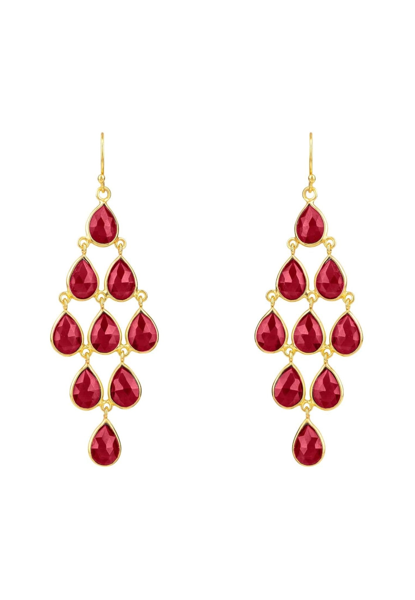 Erviola Gemstone Cascade Earrings featuring nine teardrop garnet gemstones on a gold-dipped sterling silver hook.