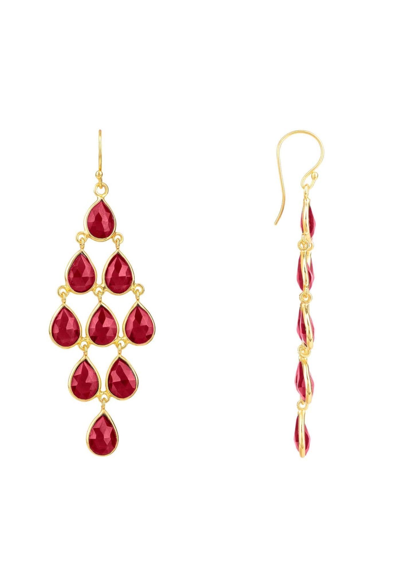 Erviola Gemstone Cascade Earrings featuring nine teardrop garnet gemstones on a gold-dipped sterling silver hook.