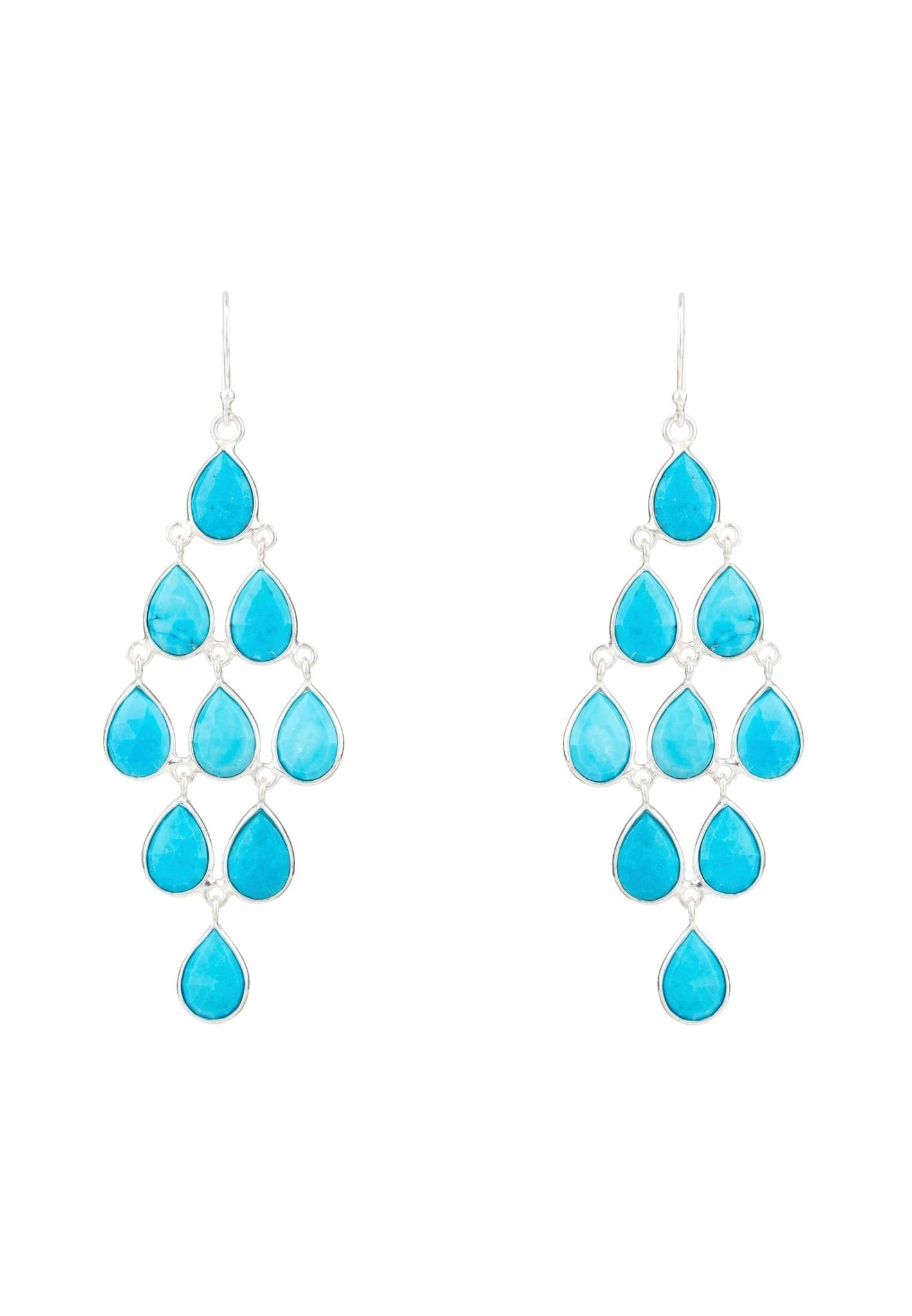 Erviola Gemstone Cascade Earrings featuring silver and turquoise teardrop gemstones, elegantly designed with a polished metal French hook.