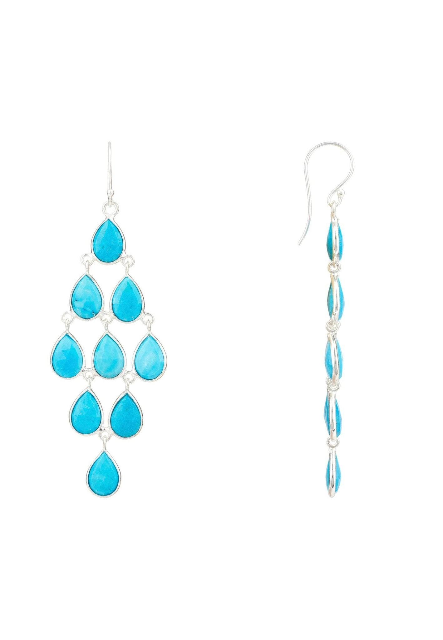 Erviola Gemstone Cascade Earrings featuring silver and turquoise teardrop gemstones, elegantly designed with a polished metal French hook.