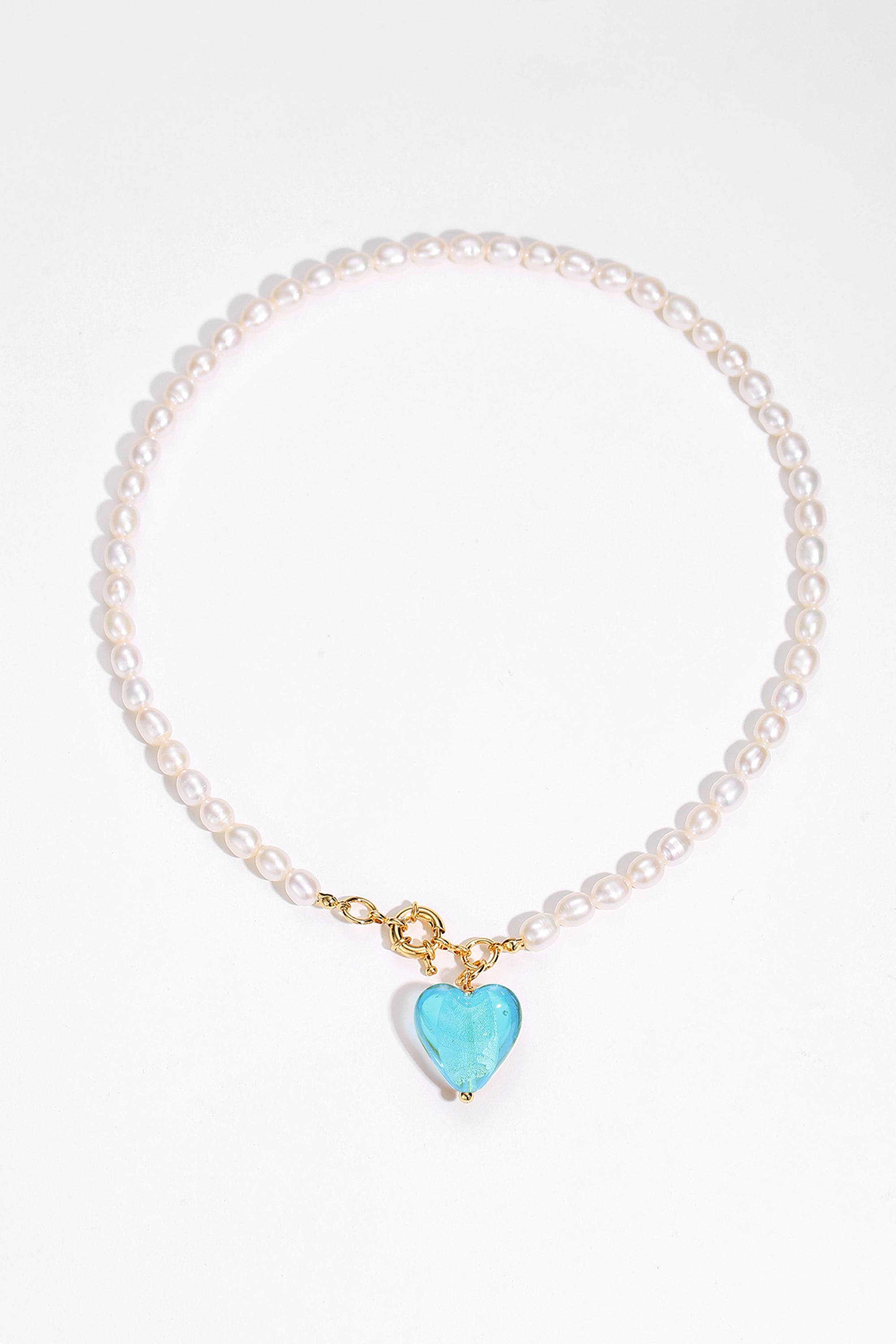 Esmée Aquamarine Glaze Heart Pendant Pearl Necklace featuring baroque pearls and colorful glass pendant, elegantly designed for everyday wear.