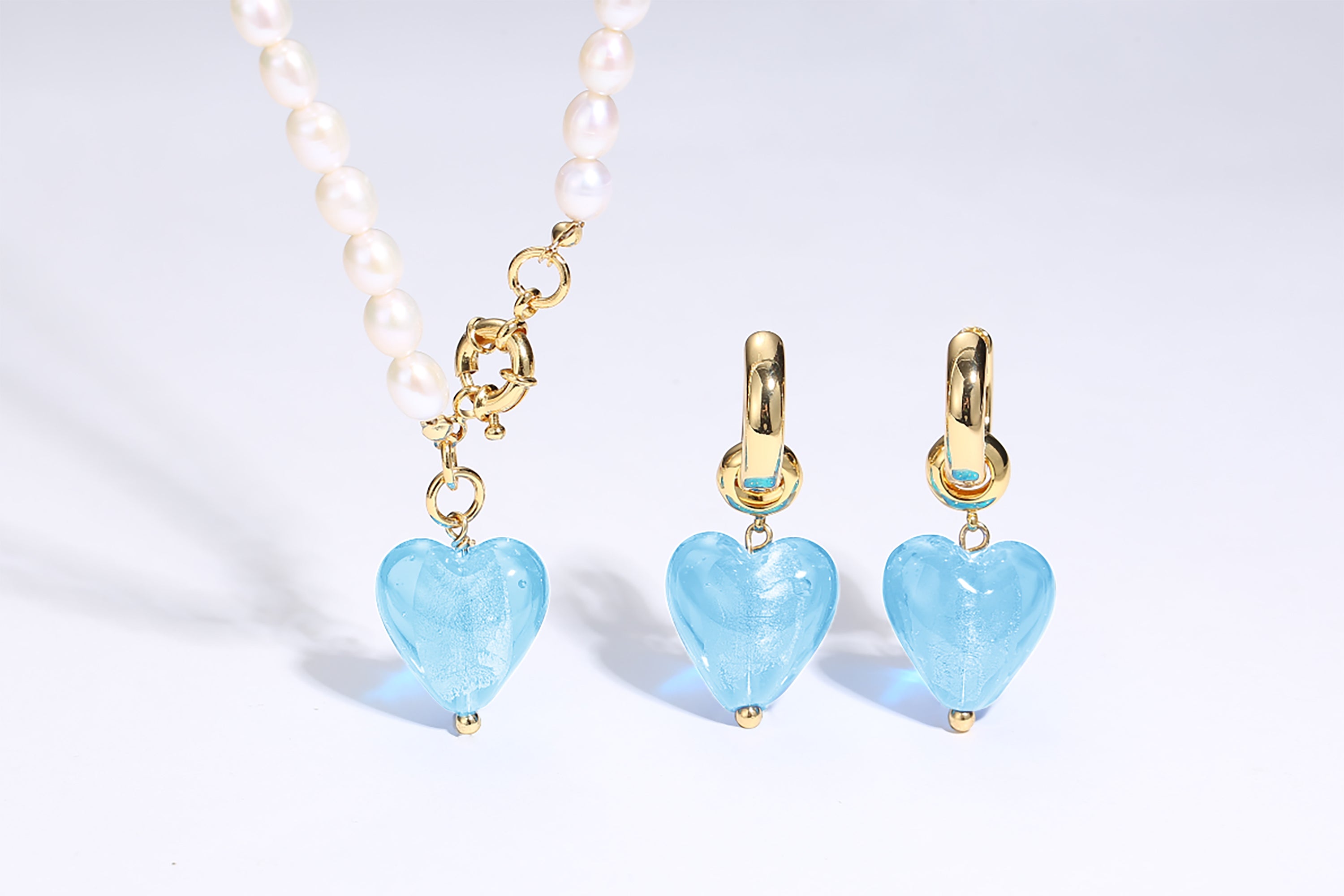 Esmée Aquamarine Glaze Heart Pendant Pearl Necklace featuring baroque pearls and colorful glass pendant, elegantly designed for everyday wear.