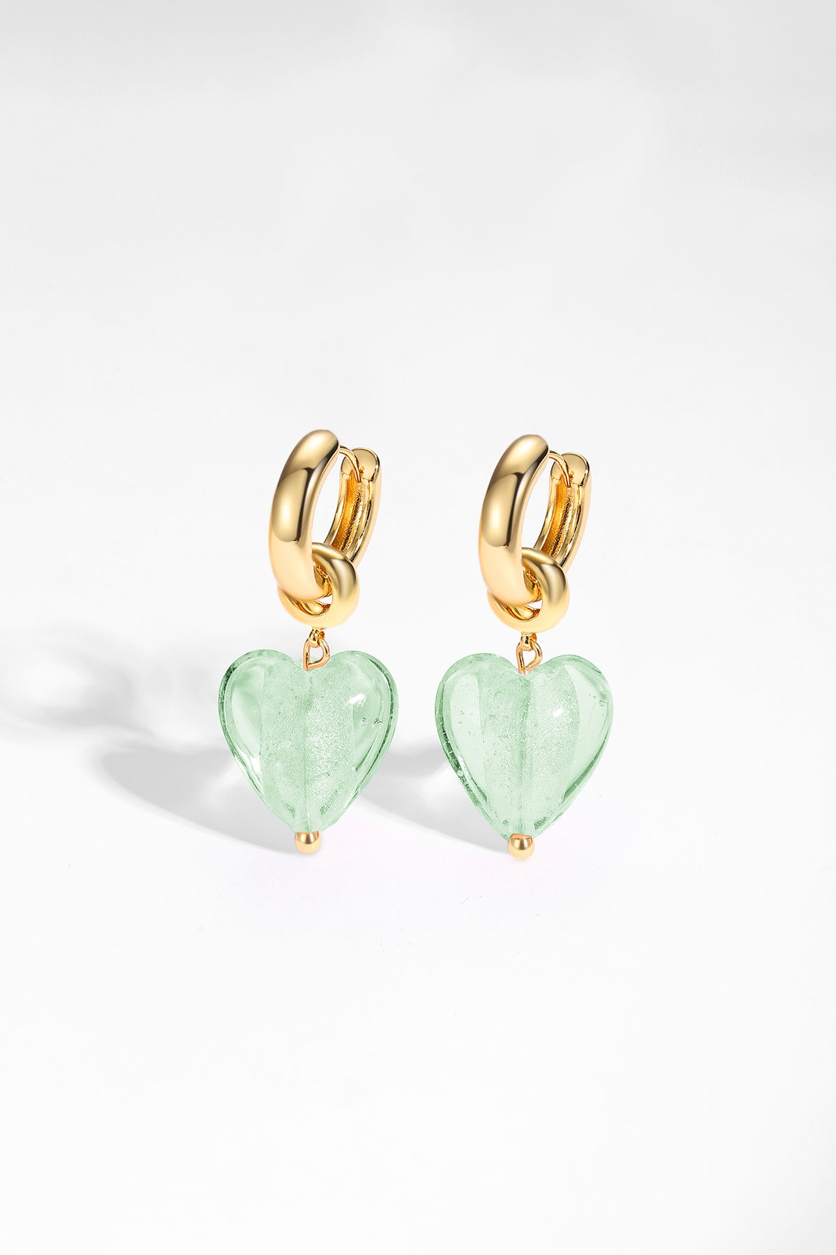 Esmée Lime Green Glaze Heart Dangle Earrings featuring vibrant colors and 18k gold plated hoops, showcasing unique handmade craftsmanship.