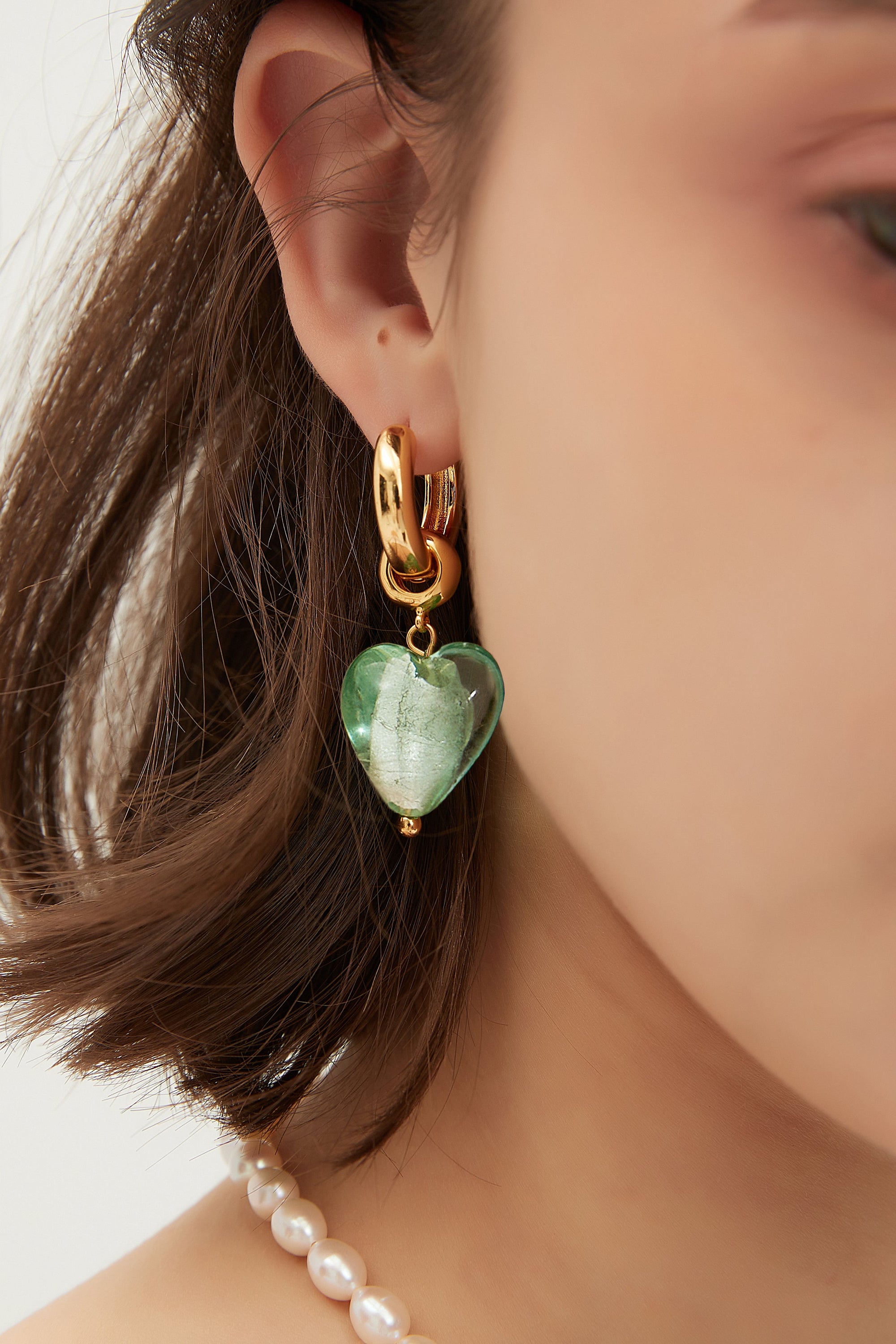 Esmée Lime Green Glaze Heart Dangle Earrings featuring vibrant colors and 18k gold plated hoops, showcasing unique handmade craftsmanship.