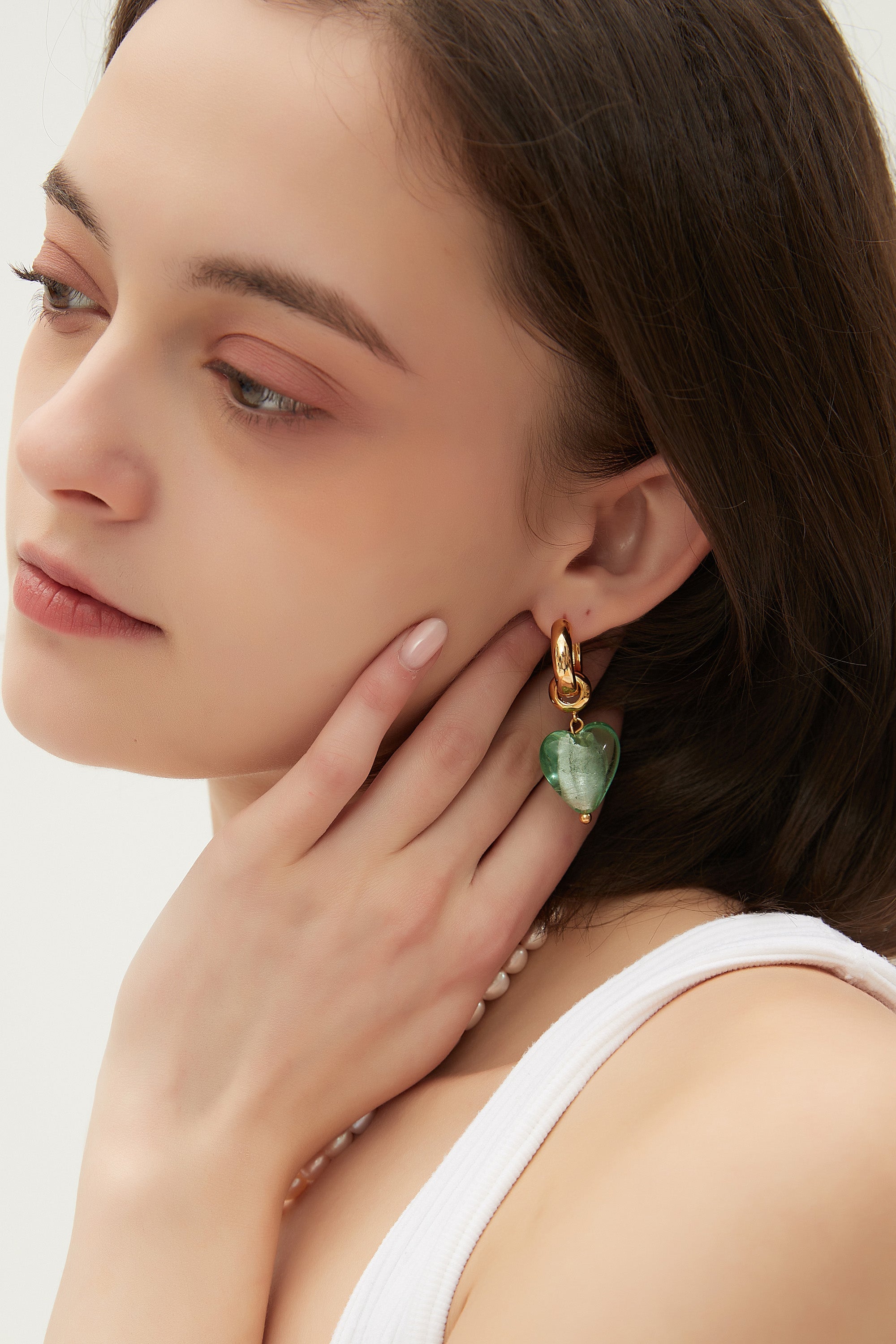 Esmée Lime Green Glaze Heart Dangle Earrings featuring vibrant colors and 18k gold plated hoops, showcasing unique handmade craftsmanship.