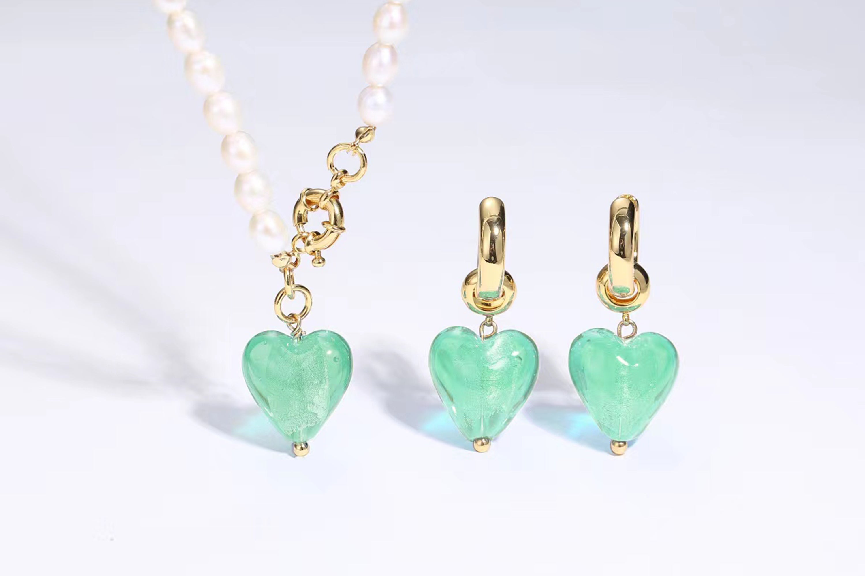 Esmée Lime Green Glaze Heart Dangle Earrings featuring vibrant colors and 18k gold plated hoops, showcasing unique handmade craftsmanship.