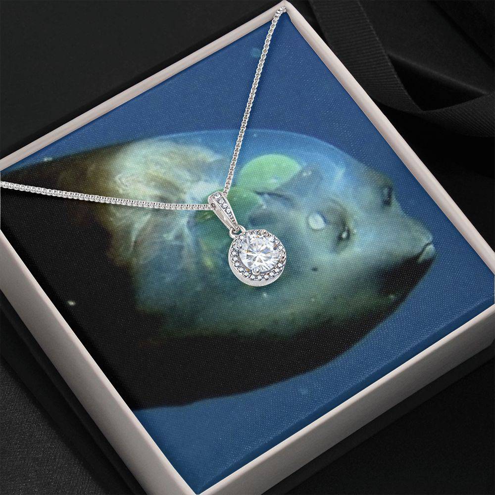 Eternal Hope Necklace featuring a cushion cut cubic zirconia surrounded by accent CZ crystals, elegantly displayed in a soft touch gift box.